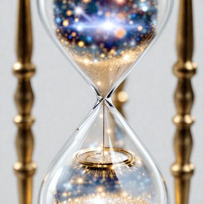 The primary subject of the image is a large, golden clock with a blue background. The clock features a sand-like texture and is adorned with a star-filled background. The visual style of the image is a combination of photo and digital art, creating a unique and eye-catching design. The colors and mood of the image are predominantly gold and blue, giving it a warm and inviting atmosphere.